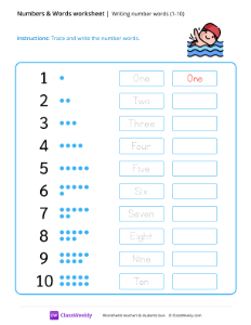 Writing number words (1-10) - Swim-worksheet