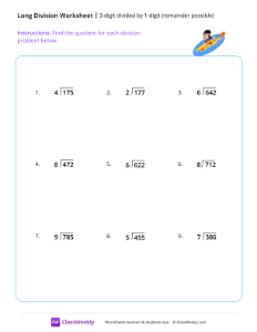 3-digit divided by 1-digit (remainder possible) - Rafting-worksheet