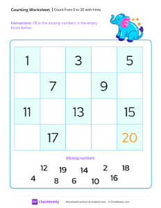 Count from 0 to 20 with hints-worksheet