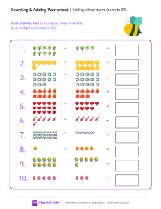 Adding with pictures (sums to 30) - Bee-worksheet