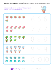 Tracing & counting numbers in sequence (6-10) - Ice Cream-worksheet