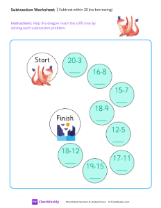 Subtract within 20 (no borrowing) - Dragon-worksheet