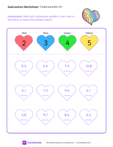 Subtract within 10 - Colorful Heart-worksheet