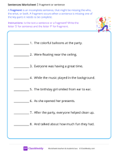 worksheet-Fragment-or-sentence---Party