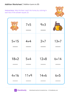 Addition maze (sums to 20) -Teddy Bear-worksheet