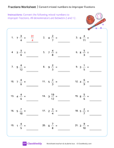 Convert mixed numbers to improper fractions - Baseball-worksheet