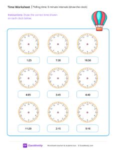 Telling time: 5 minute intervals (draw the clock) - Hot air balloon-worksheet