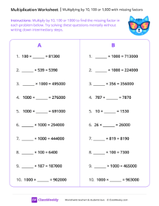 Multiplying by 10, 100 or 1,000 with missing factors - Cat Shades-worksheet