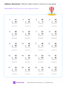 Adding two 2-digit numbers in columns (no regrouping) - Flying-worksheet