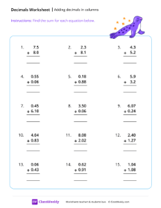 Adding decimals in columns - Seal-worksheet