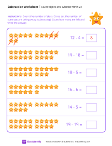 Count objects and subtract within 20 - Star-worksheet