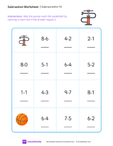 Subtract within 10 - Pump-worksheet