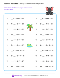 worksheet-Adding-4-numbers-with-missing-addend---Elephant