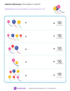 Draw objects to make 10 - Balloons-worksheet