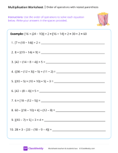 Order of operations with nested parenthesis - Popcorn-worksheet