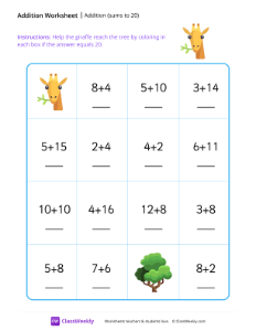 worksheet-Addition-maze-(sums-to-20)---Giraffe