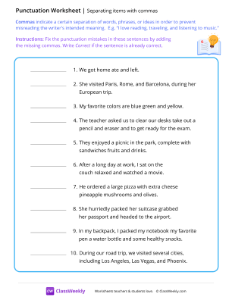 Separating items with commas - Book-worksheet