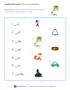 Fill in the missing letters - Kite-worksheet