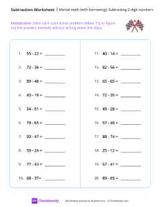 Mental math (with borrowing): Subtracting 2-digit numbers - Finishline-worksheet