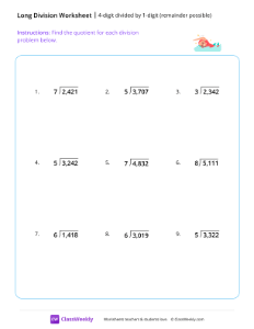 4-digit divided by 1-digit (remainder possible) - Swimming-worksheet