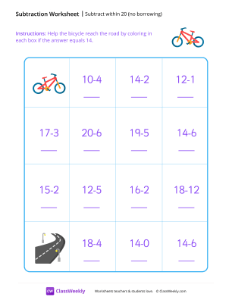 Subtract within 20 (no borrowing) - Bike-worksheet