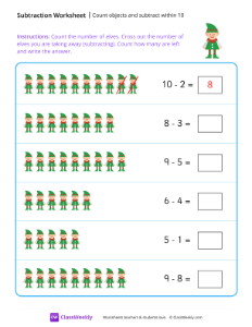 Count objects and subtract within 10 - Elf-worksheet