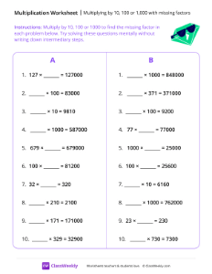 Multiplying by 10, 100 or 1,000 with missing factors - Diamond Shades-worksheet