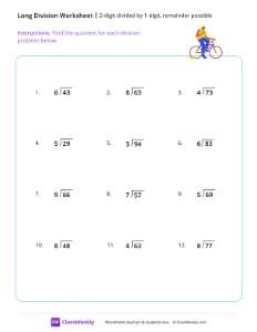 2-digit divided by 1-digit (remainder possible) - Diving-worksheet