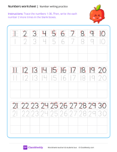 Number writing practice (1-30) - Apple-worksheet