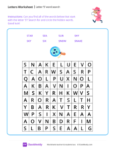 Letter S word search - Pink Jacket-worksheet