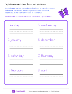 Dates and Capital Letters - Purple Butterfly-worksheet