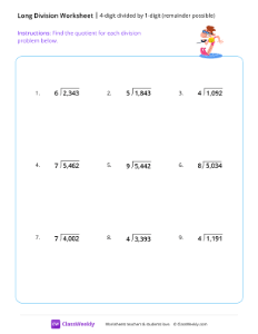 4-digit divided by 1-digit (remainder possible) - Ski-worksheet