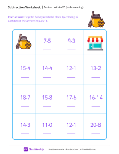 Subtract within 20 (no borrowing) - Honey-worksheet