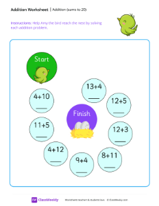 Addition maze (sums to 20) - Green Bird-worksheet