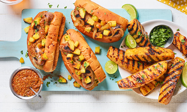 Hawaiian Brats with Grilled Teriyaki Pineapple