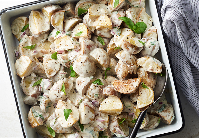 Roasted Potato Salad with Yogurt Basil Dressing