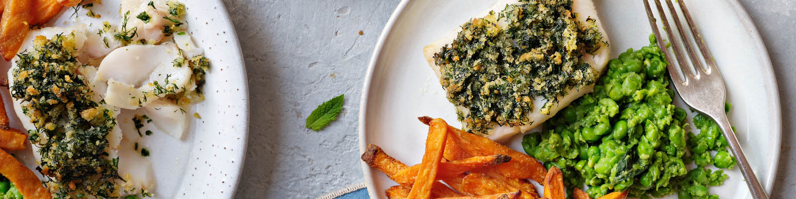 Baked Hake with Herb Crumb, Sweet Potato Fries & Minty Crushed Peas