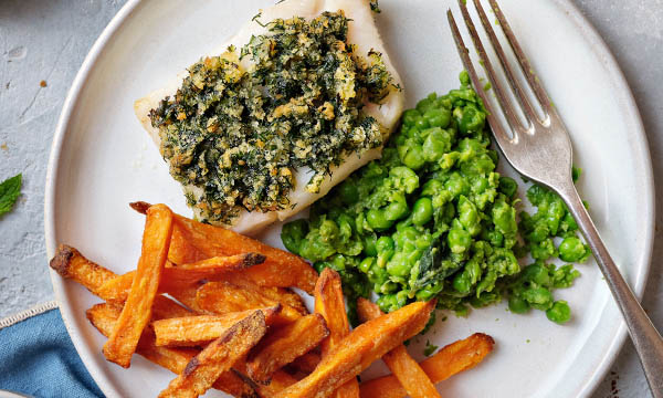 Baked Hake with Herb Crumb, Sweet Potato Fries & Minty Crushed Peas