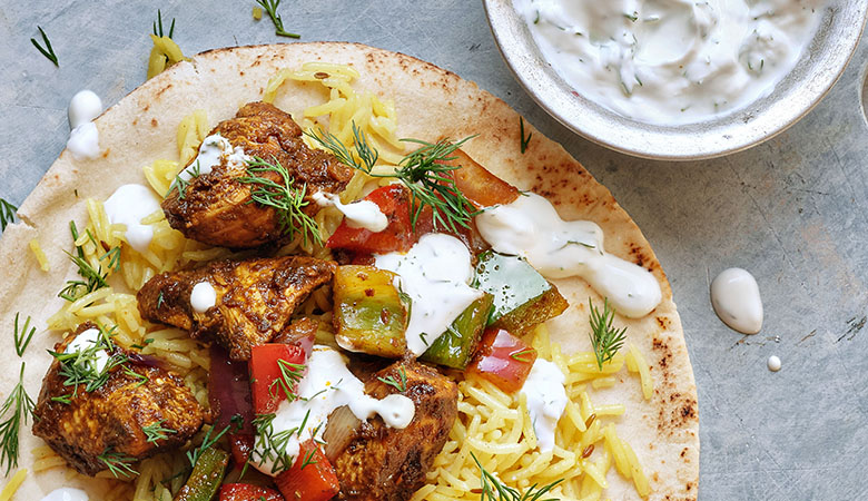 Tandoori Marinated Chicken Wraps With Pilau Rice and Dil Yogurt