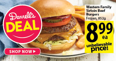 Darrell's Deal -   Western Family Sirloin Beef Burgers, Frozen, 852g, 8.99 each - Shop Now