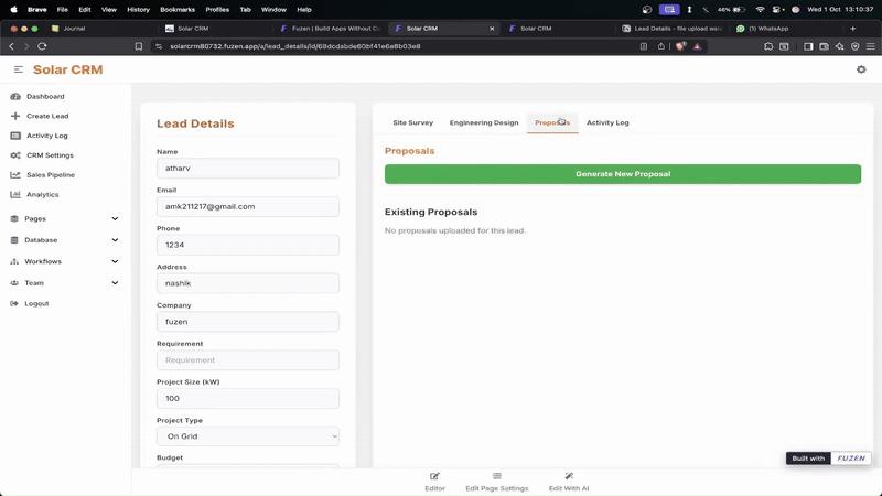 GIF of generating proposal in Fuzen solar CRM template