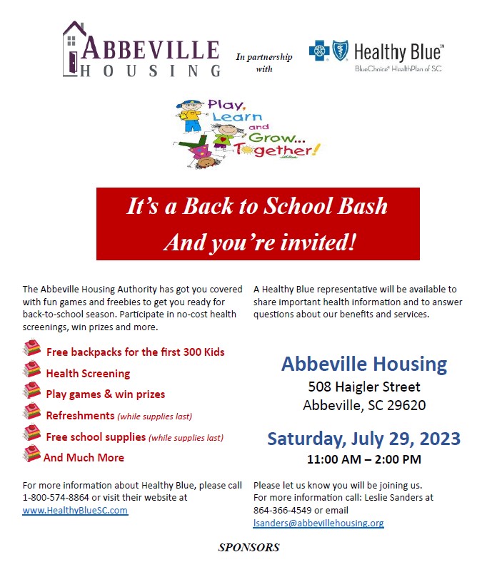 Back to School Bash Flyer. All information from this flyer is listed below.