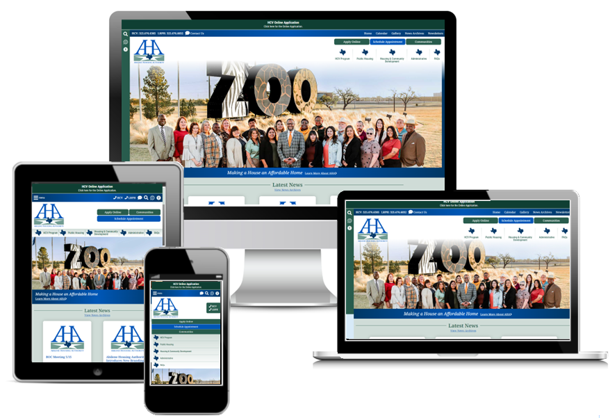 Laptop, desktop, mobile phone and tablet views of the updated Abilene HA Website.