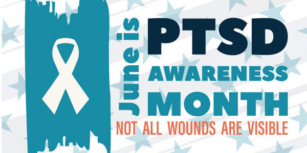 Blue stars and a ribbon with the text June is PTSD Awareness Month. Not All Wounds Are Visible.