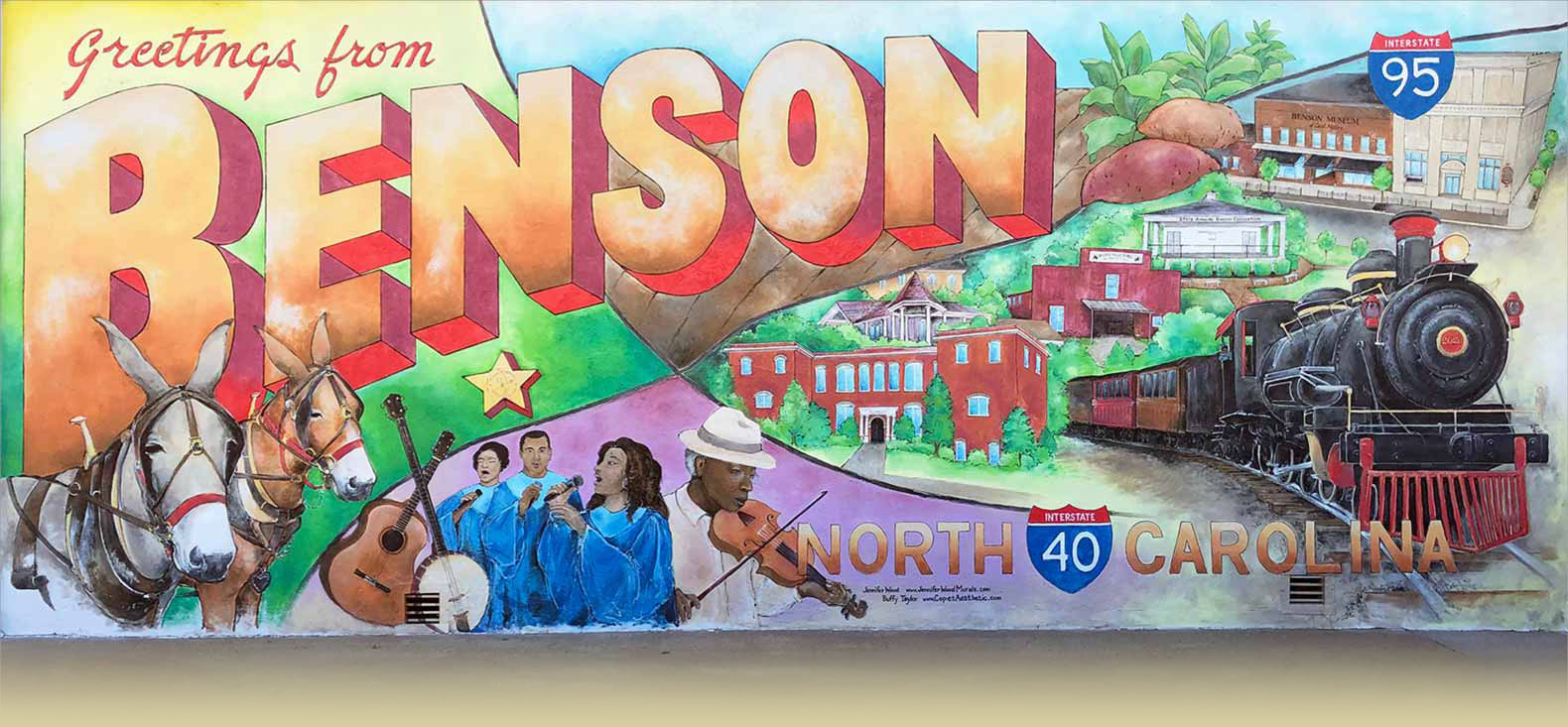 Greetings from Benson North Carolina Mural with horses, musicians, historic buildings and a locomotive