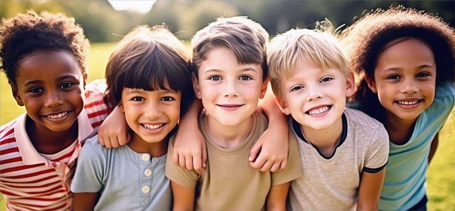 Group of 5 children with arms on eachothers shoulders smiling outdoors with blurred landscape in background