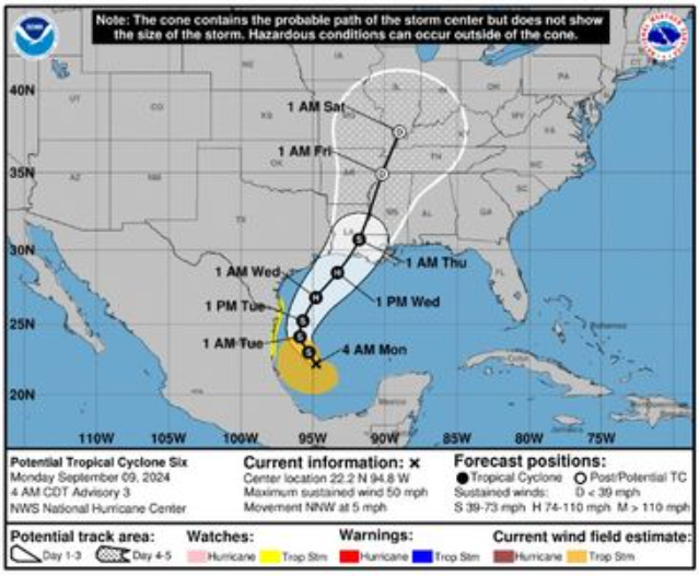 Probable storm path of Tropical Storm Francine from the National Weather Service