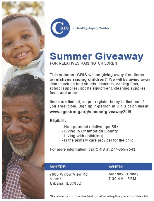 CRIS Healthy-Aging Center of Champaign flyer, all information as listed below.