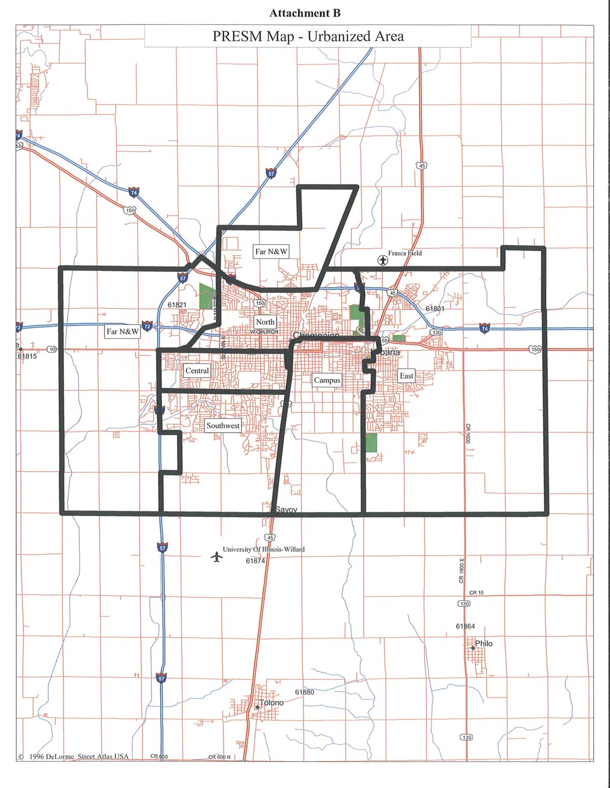 A PRESM Urbanized Area map showing the carious areas for Payment Standards.