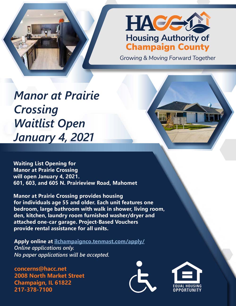 Manor at Prairie Crossing Waitlist flyer, all information as listed below.